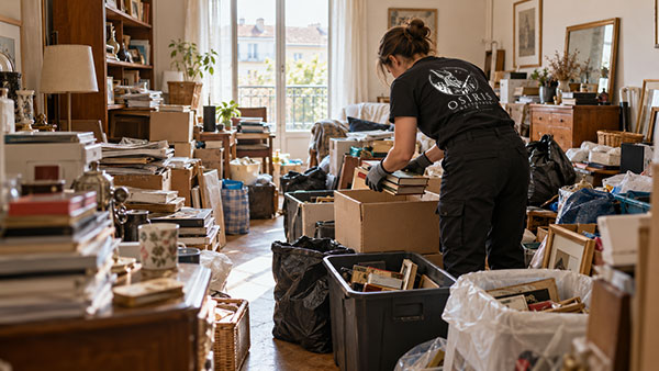 Intervention de tri dans un salon encombré